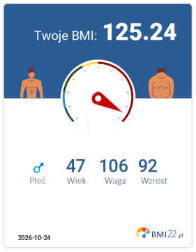 BMI 125.24 - Otyłość III stopnia dla Mężczyzna, lat 47, wzrost 92 cm i wadze 106 kg, WHR: 0.91, WHtR: 1.17