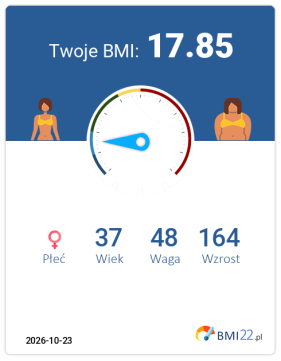 BMI 17.85 - Niedowaga dla Kobieta, lat 37, wzrost 164 cm i wadze 48 kg, WHR: 0.69, WHtR: 0.35