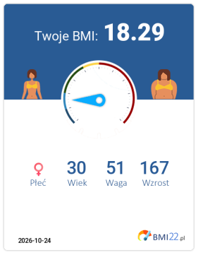 BMI 18.29 - Niedowaga dla Kobieta, lat 30, wzrost 167 cm i wadze 51 kg, WHR: 0.67, WHtR: 0.37