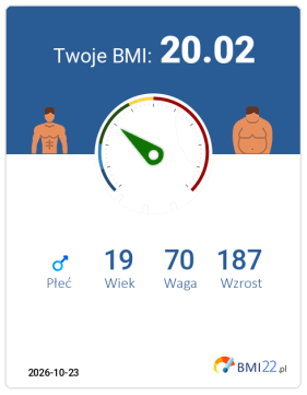 BMI 20.02 - Waga prawidłowa dla Mężczyzna, lat 19, wzrost 187 cm i wadze 70 kg, WHR: 0.88, WHtR: 0.42