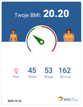 BMI 20.20 - Waga prawidłowa dla Kobieta, lat 45, wzrost 162 cm i wadze 53 kg, WHR: 0.89, WHtR: 0.52
