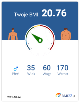 BMI 20.76 - Waga prawidłowa dla Mężczyzna, lat 35, wzrost 170 cm i wadze 60 kg, WHR: 1, WHtR: 0.68