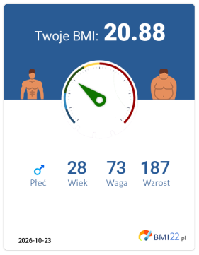 BMI 20.88 - Waga prawidłowa dla Mężczyzna, lat 28, wzrost 187 cm i wadze 73 kg, WHR: 0.8, WHtR: 0.4