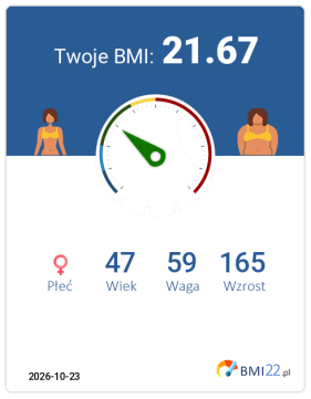 BMI 21.67 - Waga prawidłowa dla Kobieta, lat 47, wzrost 165 cm i wadze 59 kg, WHR: 0.79, WHtR: 0.45