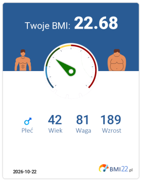 BMI 22.68 - Waga prawidłowa dla Mężczyzna, lat 42, wzrost 189 cm i wadze 81 kg, WHR: 0.84, WHtR: 0.41