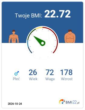 BMI 22.72 - Waga prawidłowa dla Mężczyzna, lat 26, wzrost 178 cm i wadze 72 kg, WHR: 0.78, WHtR: 0.42