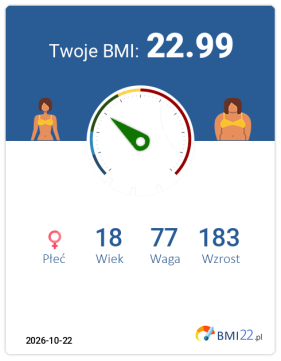 BMI 22.99 - Waga prawidłowa dla Kobieta, lat 18, wzrost 183 cm i wadze 77 kg, WHR: 0.65, WHtR: 0.36