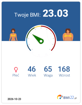 BMI 23.03 - Waga prawidłowa dla Kobieta, lat 46, wzrost 168 cm i wadze 65 kg, WHR: 0.75, WHtR: 0.44