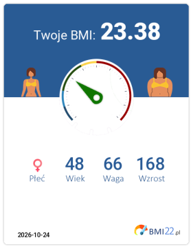 BMI 23.38 - Waga prawidłowa dla Kobieta, lat 48, wzrost 168 cm i wadze 66 kg, WHR: 0.8, WHtR: 0.45