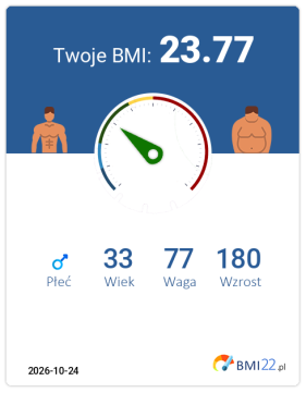 BMI 23.77 - Waga prawidłowa dla Mężczyzna, lat 33, wzrost 180 cm i wadze 77 kg, WHR: 0.89, WHtR: 0.46