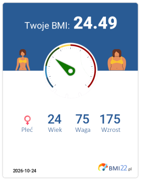 BMI 24.49 - Waga prawidłowa dla Kobieta, lat 24, wzrost 175 cm i wadze 75 kg, WHR: 0.75, WHtR: 0.42