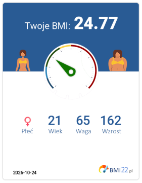 BMI 24.77 - Waga prawidłowa dla Kobieta, lat 21, wzrost 162 cm i wadze 65 kg, WHR: 0.75, WHtR: 0.45
