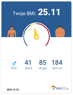 BMI 25.11 - Nadwaga dla Mężczyzna, lat 41, wzrost 184 cm i wadze 85 kg, WHR: 1.06, WHtR: 0.56