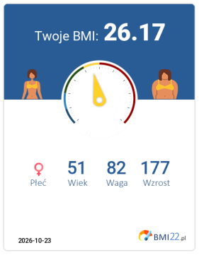 BMI 26.17 - Nadwaga dla Kobieta, lat 51, wzrost 177 cm i wadze 82 kg, WHR: 0.77, WHtR: 0.46