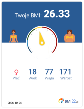 BMI 26.33 - Nadwaga dla Kobieta, lat 18, wzrost 171 cm i wadze 77 kg, WHR: 0.72, WHtR: 0.47