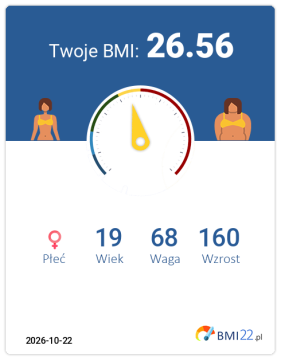 BMI 26.56 - Nadwaga dla Kobieta, lat 19, wzrost 160 cm i wadze 68 kg, WHR: 0.8, WHtR: 0.46