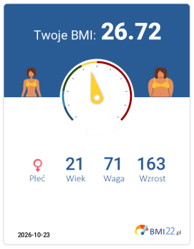 BMI 26.72 - Nadwaga dla Kobieta, lat 21, wzrost 163 cm i wadze 71 kg, WHR: 0.71, WHtR: 0.45