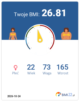 BMI 26.81 - Nadwaga dla Kobieta, lat 22, wzrost 165 cm i wadze 73 kg, WHR: 0.81, WHtR: 0.49