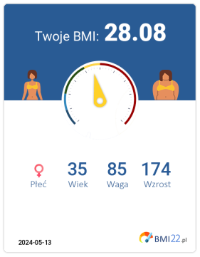 BMI 28.08 - Nadwaga dla Kobieta, lat 35, wzrost 174 cm i wadze 85 kg, WHR: 0, WHtR: 0