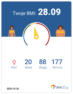 BMI 28.09 - Nadwaga dla Kobieta, lat 20, wzrost 177 cm i wadze 88 kg, WHR: 0.71, WHtR: 0.51