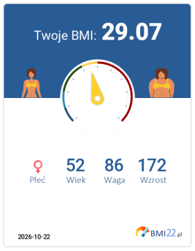 BMI 29.07 - Nadwaga dla Kobieta, lat 52, wzrost 172 cm i wadze 86 kg, WHR: 0.89, WHtR: 0.56