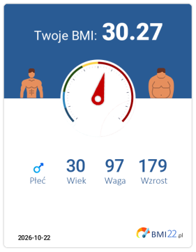 BMI 30.27 - Otyłość I stopnia dla Mężczyzna, lat 30, wzrost 179 cm i wadze 97 kg, WHR: 0.96, WHtR: 0.56