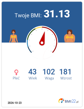 BMI 31.13 - Otyłość I stopnia dla Kobieta, lat 43, wzrost 181 cm i wadze 102 kg, WHR: 0.97, WHtR: 0.6