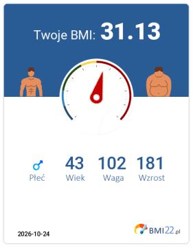 BMI 31.13 - Otyłość I stopnia dla Mężczyzna, lat 43, wzrost 181 cm i wadze 102 kg, WHR: 1.01, WHtR: 0.59