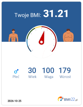 BMI 31.21 - Otyłość I stopnia dla Mężczyzna, lat 30, wzrost 179 cm i wadze 100 kg, WHR: 0.96, WHtR: 0.56