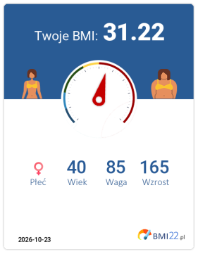 BMI 31.22 - Otyłość I stopnia dla Kobieta, lat 40, wzrost 165 cm i wadze 85 kg, WHR: 0.9, WHtR: 0.6