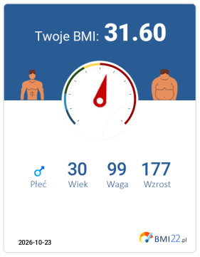 BMI 31.60 - Otyłość I stopnia dla Mężczyzna, lat 30, wzrost 177 cm i wadze 99 kg, WHR: 0.95, WHtR: 0.53
