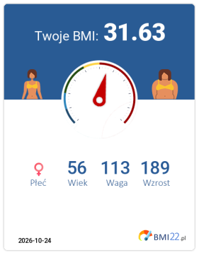 BMI 31.63 - Otyłość I stopnia dla Kobieta, lat 56, wzrost 189 cm i wadze 113 kg, WHR: 1, WHtR: 0.64