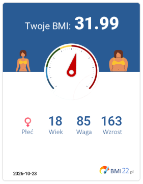 BMI 31.99 - Otyłość I stopnia dla Kobieta, lat 18, wzrost 163 cm i wadze 85 kg, WHR: 0.74, WHtR: 0.54
