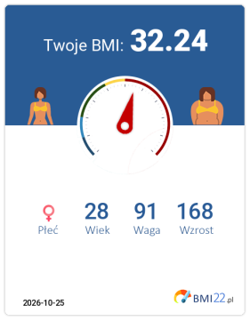 BMI 32.24 - Otyłość I stopnia dla Kobieta, lat 28, wzrost 168 cm i wadze 91 kg, WHR: 0.76, WHtR: 0.5
