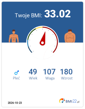 BMI 33.02 - Otyłość I stopnia dla Mężczyzna, lat 49, wzrost 180 cm i wadze 107 kg, WHR: 1, WHtR: 0.61