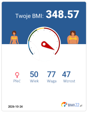 BMI 348.57 - Otyłość III stopnia dla Kobieta, lat 50, wzrost 47 cm i wadze 77 kg, WHR: 0.82, WHtR: 1.91