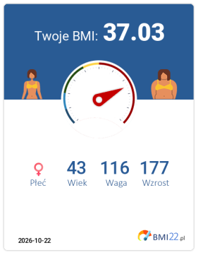 BMI 37.03 - Otyłość II stopnia dla Kobieta, lat 43, wzrost 177 cm i wadze 116 kg, WHR: 0.86, WHtR: 0.59