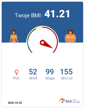BMI 41.21 - Otyłość III stopnia dla Kobieta, lat 52, wzrost 155 cm i wadze 99 kg, WHR: 0.91, WHtR: 0.8